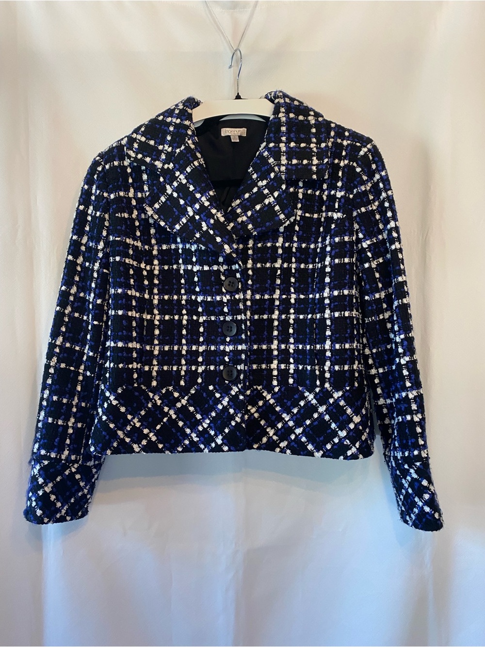 Women’s Vintage Black & Navy Plaid Tweed Single Breasted Blazer Jacket Peplum